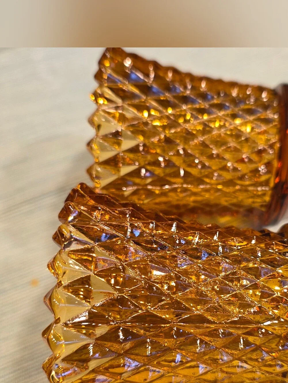 VTG MCM Amber Glass Diamond Point Peg Candle Cups Set Of 2
